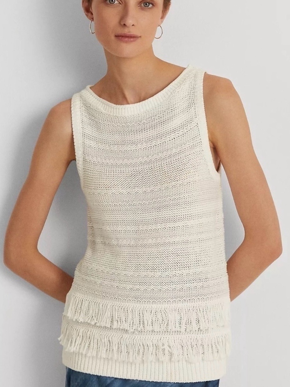 Ralph Lauren Fringe Trim Sleeveless Sweater White Linen Blend Elegant